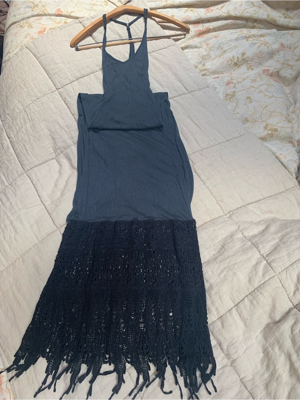 RARE Free People Intimately T-back Linen Maxi Dress Sheer Gown Crochet Lace Hem